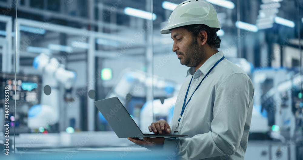 Poster Portrait of an Industrial Systems Administrator Working on Laptop Computer at a Modern Manufacturing Plant. Indian Software Developer Programming the Work of the Robotic Arms, Monitoring Production