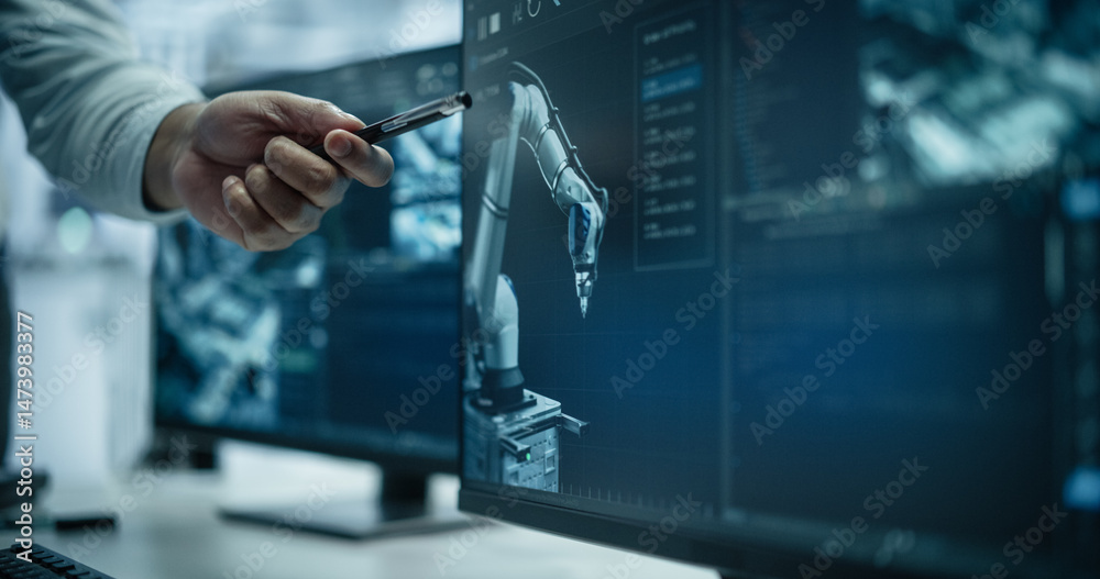 Poster Administrator Pointing at a Desktop Monitor in a Modern Industrial Facility with Automated Robotic Arms. Anonymous Specialist Monitoring Circuit Board Assembly Line Conveyor and Optimizing Production