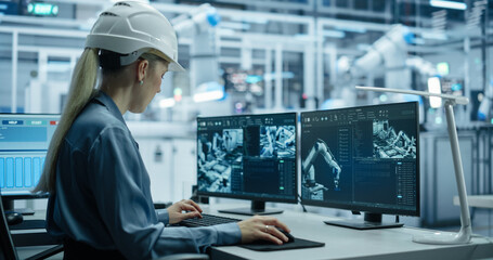 Caucasian Female Technician Working Behind a Desk in a Modern Product Development Factory, Using Industrial Computer Software on Displays, Monitoring Electronics Production Line with Robotic Arms