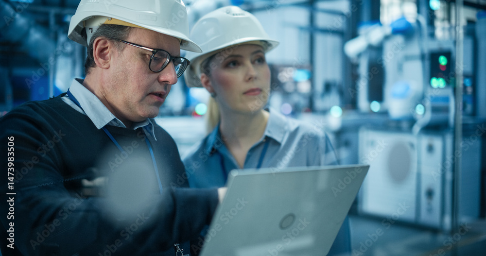 Poster Portrait of Diverse Factory Employees Using Laptop and Talking on a Production Floor. Robotic Arms Automate Electronics Assembly Inside a Facility. Automatic Conveyor is Powered by an AI System