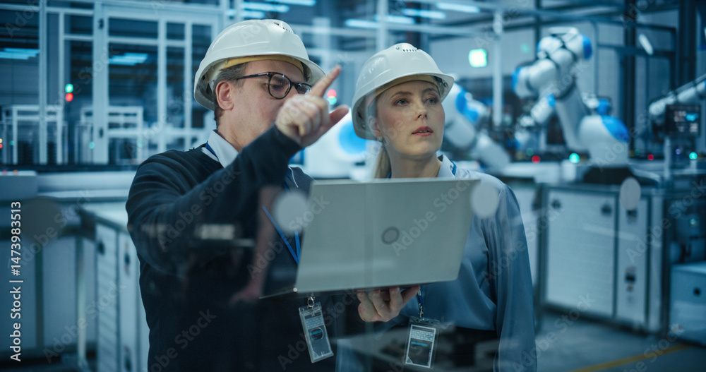 Poster Female Engineer and Technician Having a Conversation and Using a Laptop Computer. Industrial Specialists Monitoring, Analyzing Conditions at a Modern Electronics Factory with Automated Assembly Line