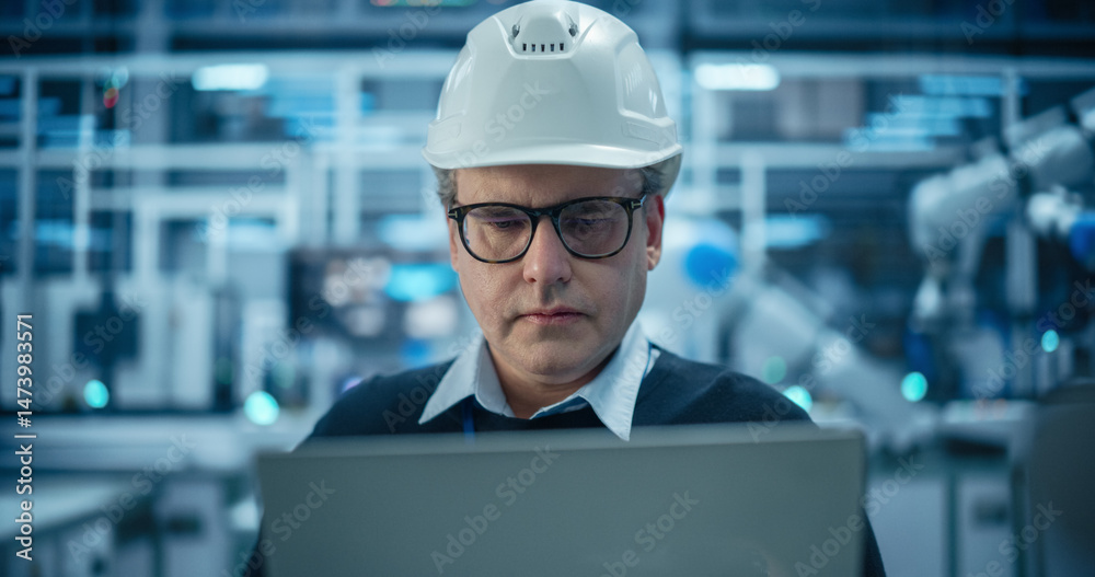 Leinwandbilder Focused Electronics Factory Manager Working on Laptop at an Industrial Manufacture with Robotic Arms. Specialist in Glasses Monitoring Data on a Computer, Checking and Planning Production Process