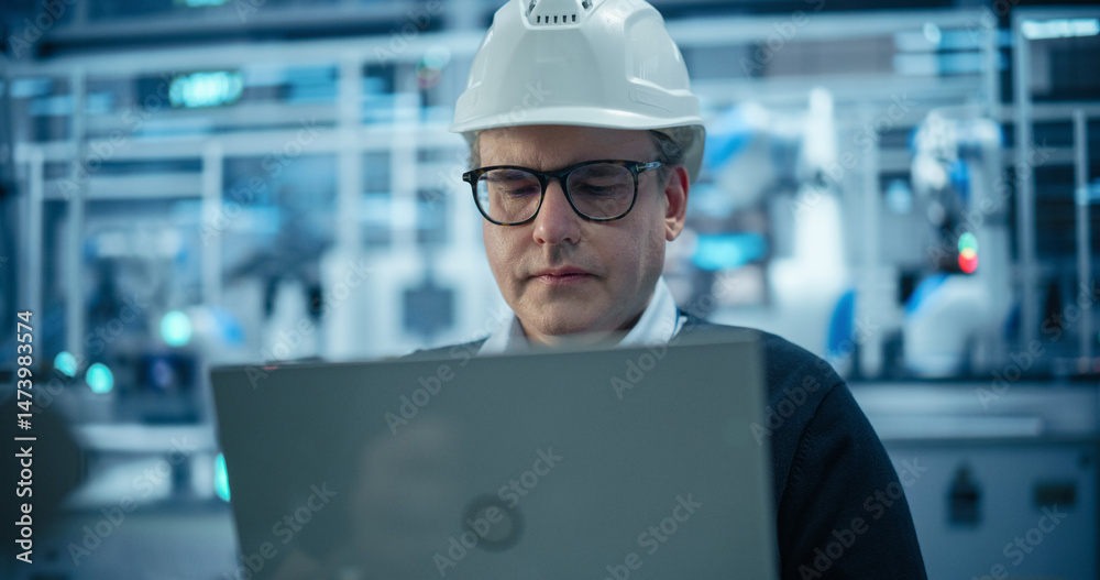 Aufkleber middle aged male engineer in a hard hat using a laptop computer to monitor robotic arms in an advanc