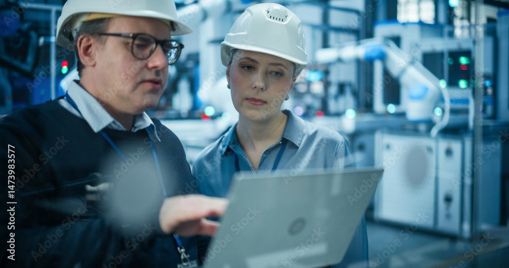 Poster system administrator and technician working at a manufacturing plant. male specialist programming th