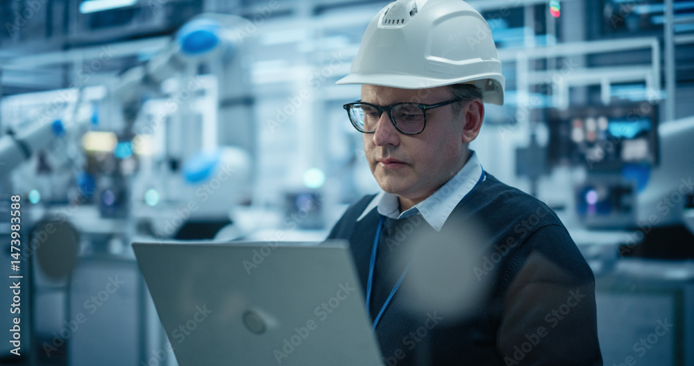 Poster middle aged male engineer in a hard hat using a laptop computer to monitor robotic arms in an advanc