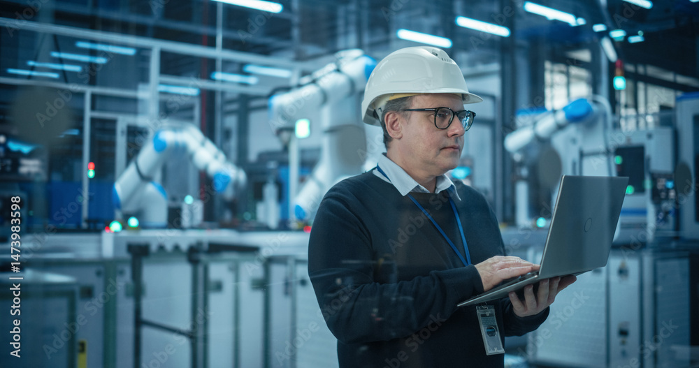 Poster adult caucasian engineer in a hard hat working in a modern industrial facility, using laptop compute