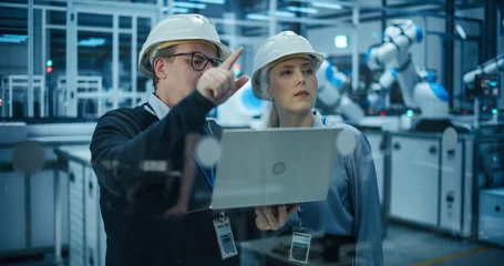Fotobehang Female Engineer and Technician Having a Conversation and Using a Laptop Computer. Industrial Specialists Monitoring, Analyzing Conditions at a Modern Electronics Factory with Automated Assembly Line © Gorodenkoff