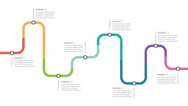 Infographic roadmap design template. Business Timeline of 8 Important Business Events annual business presentation. Vector illustration
