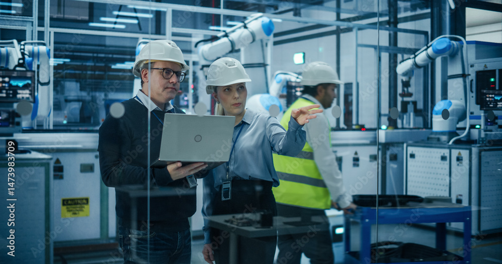 Poster Female and Male Industrial Engineers Using Laptop Computer, Having a Conversation at a Modern Tech Electronics Factory with Automated Robot Arms Working with the Help of AI Software
