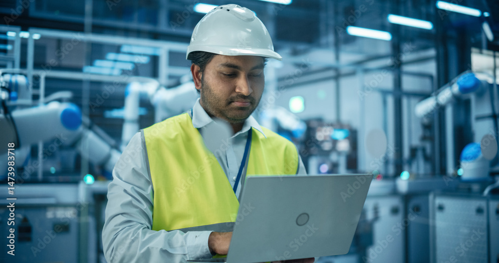 Aufkleber portrait of an industrial systems administrator working on laptop computer at a modern manufacturing