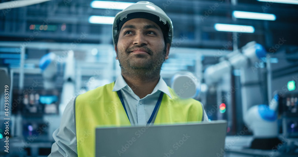 Poster Indian Engineer Working in a High Tech Factory with Robotic Arms Assembling Electronic Components on a Production Line Conveyor Belt. South Asian Man Wearing a High Visibility Vest and Using a Laptop