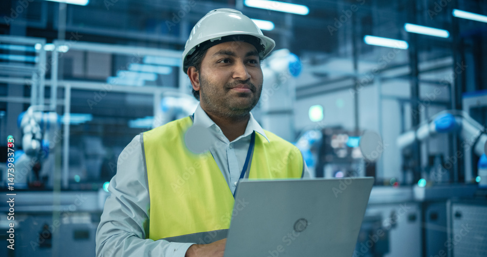 Poster Indian Engineer Working in a High Tech Factory with Robotic Arms Assembling Electronic Components on a Production Line Conveyor Belt. South Asian Man Wearing a High Visibility Vest and Using a Laptop