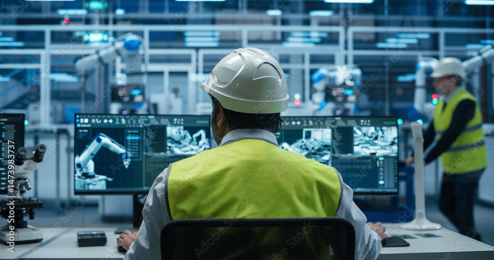 Fototapete Indian Engineer Sitting Behind a Desk in a Modern Product Development Facility, Using Industrial Computer Software on Dual Screens, Monitoring Electronics Production Line with Robotic Arms. Back View