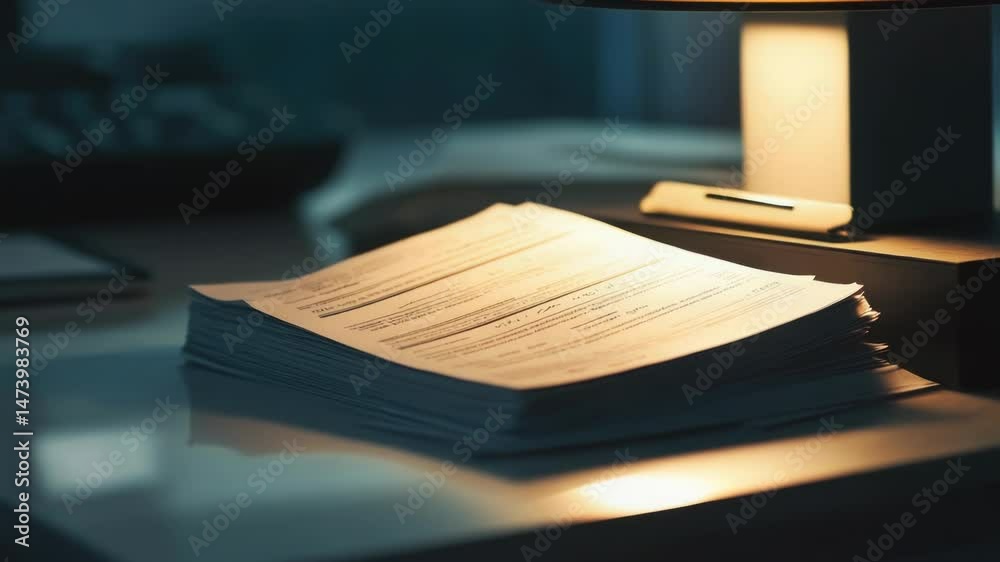 Poster a stack of papers sitting on top of a desk