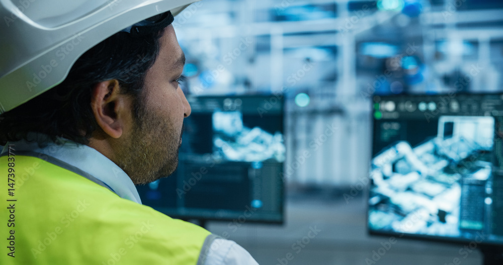 Poster administrator working behind a desk in a modern industrial facility with automated robotic arms. ano
