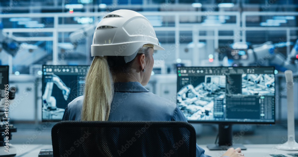 Poster female engineer sitting behind a desk in a modern product development facility, using industrial com