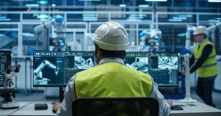 Indian Engineer Sitting Behind a Desk in a Modern Product Development Facility, Using Industrial...