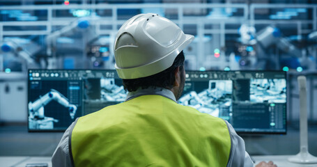 Indian Engineer Sitting Behind a Desk in a Modern Product Development Facility, Using Industrial Computer Software on Dual Screens, Monitoring Electronics Production Line with Robotic Arms. Back View