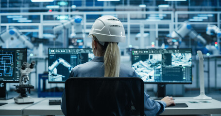 Female Industrial Engineer Working Behind a Desk in a Modern Manufacturing Facility with Automated...