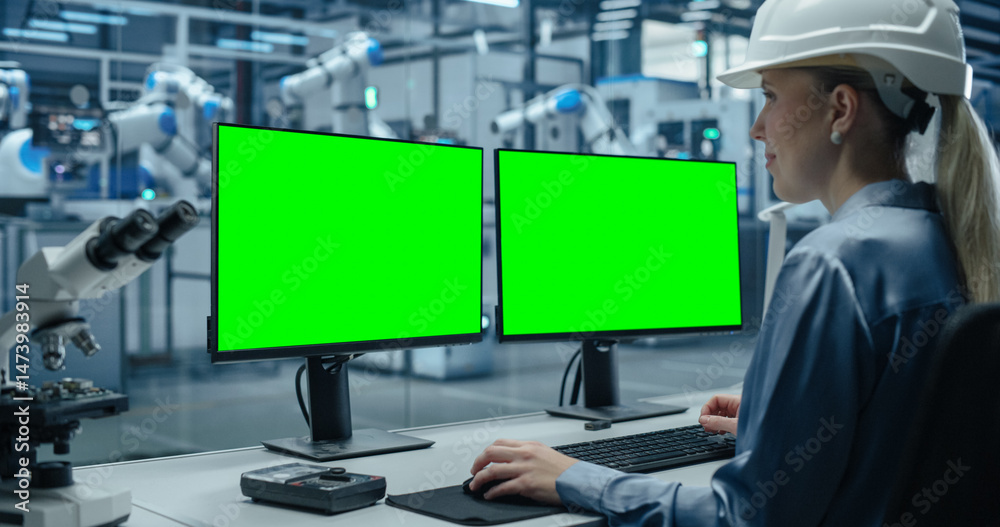 Aufkleber Female Administrator Working Behind a Desk in a Modern Industrial Facility with Automated Robotic Arms. Industrial Specialist Working on a Computer with Green Screen Mock Up Template