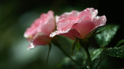 Close up of garden pink rose wine with water droplets on gullible leaves after rain in a garden setting.