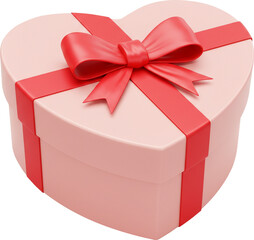 3D pink heart-shaped gift box with red ribbon on transparent background