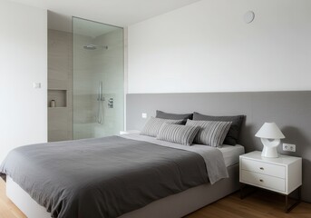 Modern bedroom with gray bedding and ensuite shower in minimalist design