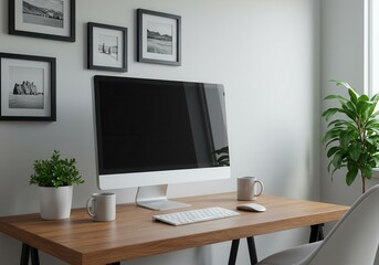 Modern home office setup with computer and framed pictures on wall