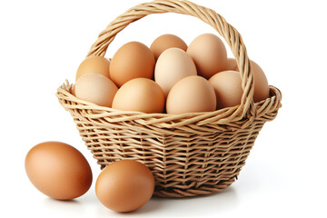 Fresh brown eggs in a wicker basket isolated on white background, organic farm product rich in protein, used for cooking, baking, breakfast, and healthy nutrition

