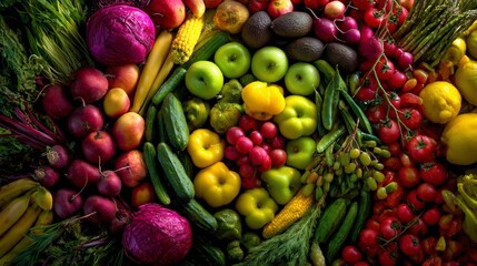 Fresh fruits and vegetables in a circular arrangement, celebrating nature's vibrant bounty.