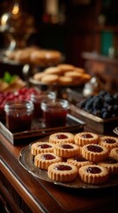 Appetizing homemade jam cookies on elegant dessert table