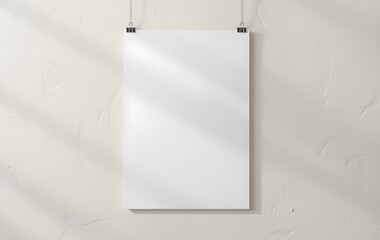 Clean Design Poster Mockup: Blank White Vertical Sheet Hanging on Black Holders with Light Shadows