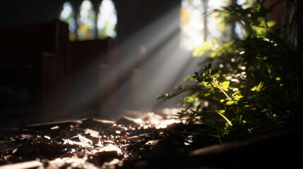 Abandoned hall exhibits deterioration, highlighting rubble, overgrown plants, sun rays, and...