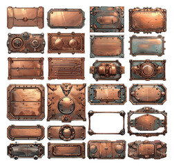Bronze panels cartoon vector set. Square metal riveted rectangular steampunk iron mechanisms brass machinery frames isolated on white background