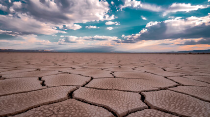 A wide-angle photograph of a vast desert landscape with cracked, dry earth in the foreground