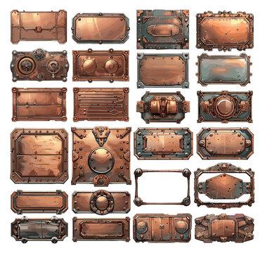 Bronze panels cartoon vector set. Square metal riveted rectangular steampunk iron mechanisms brass machinery frames isolated on white background