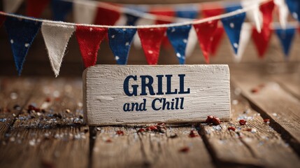 Grill and Chill: A rustic wooden sign invites the warmth of a backyard barbecue, with colorful flags and a cozy setting that captures the spirit of laid-back leisure.