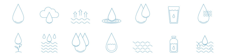 water; drop; hydration; liquid; blue; icon; outline; clean; drink; moisture; nature; fluid; rain; cloud; bottle; eco; wet; fresh; purity; ocean; sea; environment; element; wave; glass; dew