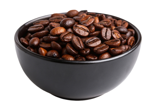 Brown roasted coffee beans fill a white cup, suggesting a fresh, aromatic caffeine drink