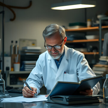 Senior scientist finishing writing his scientific paper, the last book chapter
