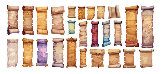 Magic parchment scrolls cartoon vector set. Wizard spells twisted curly paper manuscripts ancient documents isolated on white background