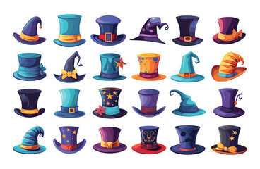 Magician hats cartoon vector set. Cap cylinder gentleman trickster magic clothing head top accessory headdress item, illustration isolated on white background