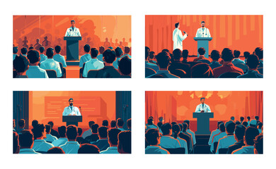 Obraz premium Man doctor podium speaking cartoon vector scenes. White robe coat microphones tribune crowd back view heads listeners auditory medicine summit scientists conference illustrations