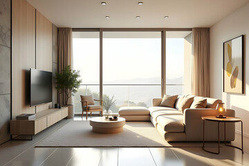 Fototapeta premium Serene Contemporary Living Room with Panoramic Views, A Minimalist Design Featuring Neutral Tones and Natural Light for Modern Comfort
