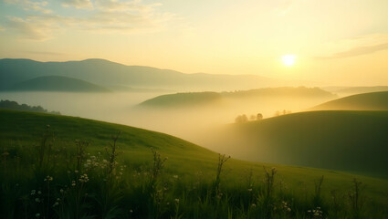 Obraz premium Serene dawn landscape featuring soft warm golden light casting a peaceful glow over rolling green hills shrouded in a gentle mist, capturing nature's tranquility