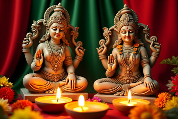 Serene Devotion, Two Exquisitely Carved Stone Idols of Lakshmi Radiating Peace and Spirituality Against a Vibrant Backdrop of Colors, a Cultural Homage