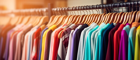 Clothing store. Shopping sale. Colorful clothes on hangers in the store.