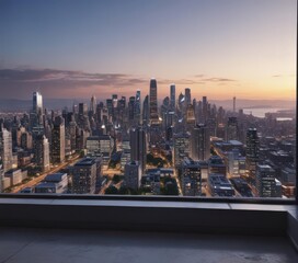 Sleek city skyline view from modern condo's panoramic window ,  architecture,  panoramic
