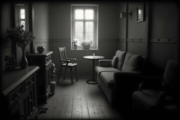 Serene Interior, A High-Contrast Monochrome Depiction of a Quiet Room with Furniture Bathed in Natural Light and Shadow Play Creating an Ethereal Atmosphere