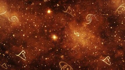 Golden Cosmic Background with Stars and Symbolic Elements in a Mystical Atmosphere